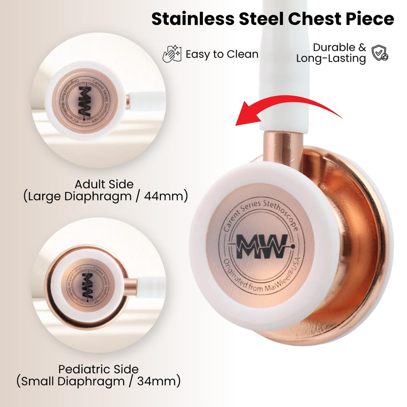 MaiWieel-Classic Monitoring Stethoscope Professional Dual Head Rose Gold Stethoscopes For Nurse,Doctor,Vet,Home Medical,EMT,Double-Sided Stainless Chestpiece,Flexible Tubing & Soft Sealing Eartips(White Gold) Rose Golden-White