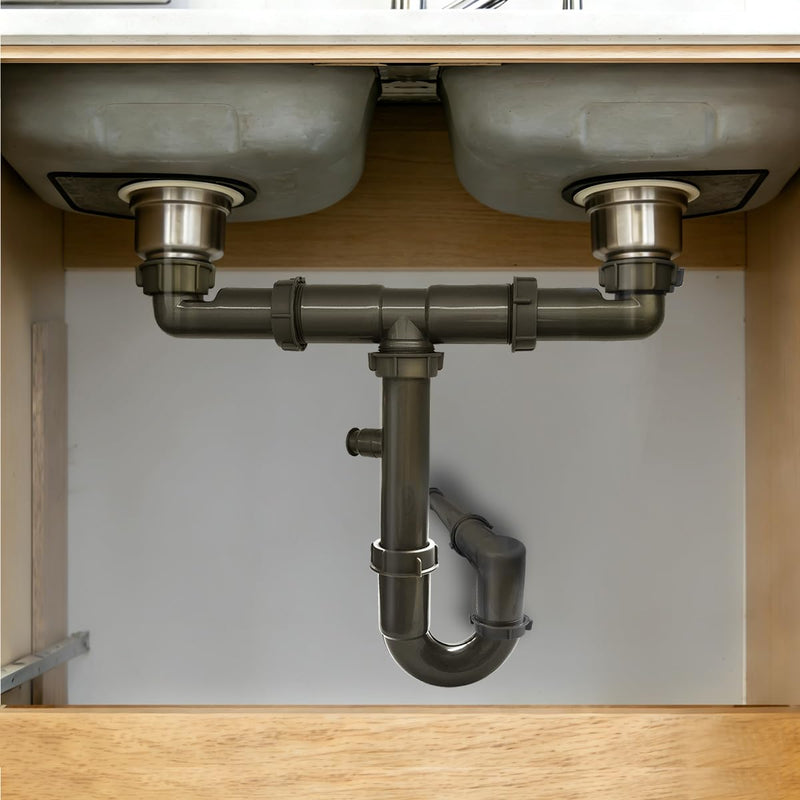 1-1/2" Double Sink Drain Pipe Kit with P-Trap, Wall-Outlet, Complete Plumbing Replacement for Double Kitchen Sinks