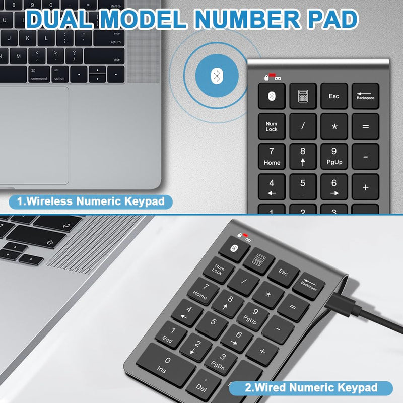 Bluetooth Number Pad Wireless & Wired 10 Key USB Keypad Two in One, Rechargeable Numpad for Laptops, Desktop, Computers Accessories Compatible with MacBook iPads ChromeBook EliteBook Notebook etc. Metal Grey