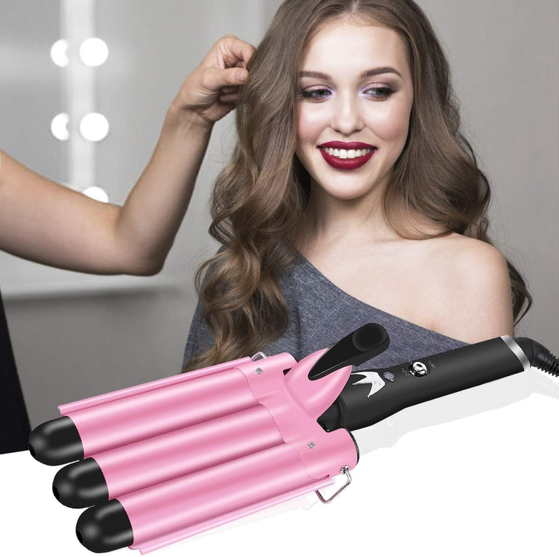  [AUSTRALIA] - 3 Barrel Hair Waver - 25MM Pink Hair Curling Iron with Dual Heat Settings & Temperature Control - Electric Crimper Wand for Big Waves & Curls