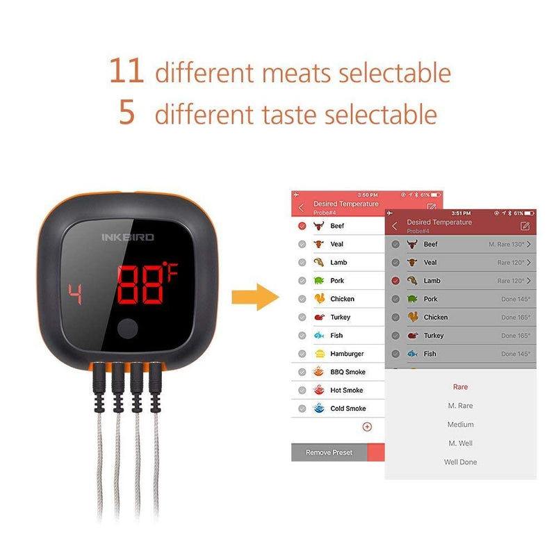 Inkbird Bluetooth Digital Wireless Meat Thermometer with 4 Probes Timer, Alarm,150 ft Barbecue Cooking Kitchen Food Meat Thermometer for Grill BBQ Smoker, Oven, Drum