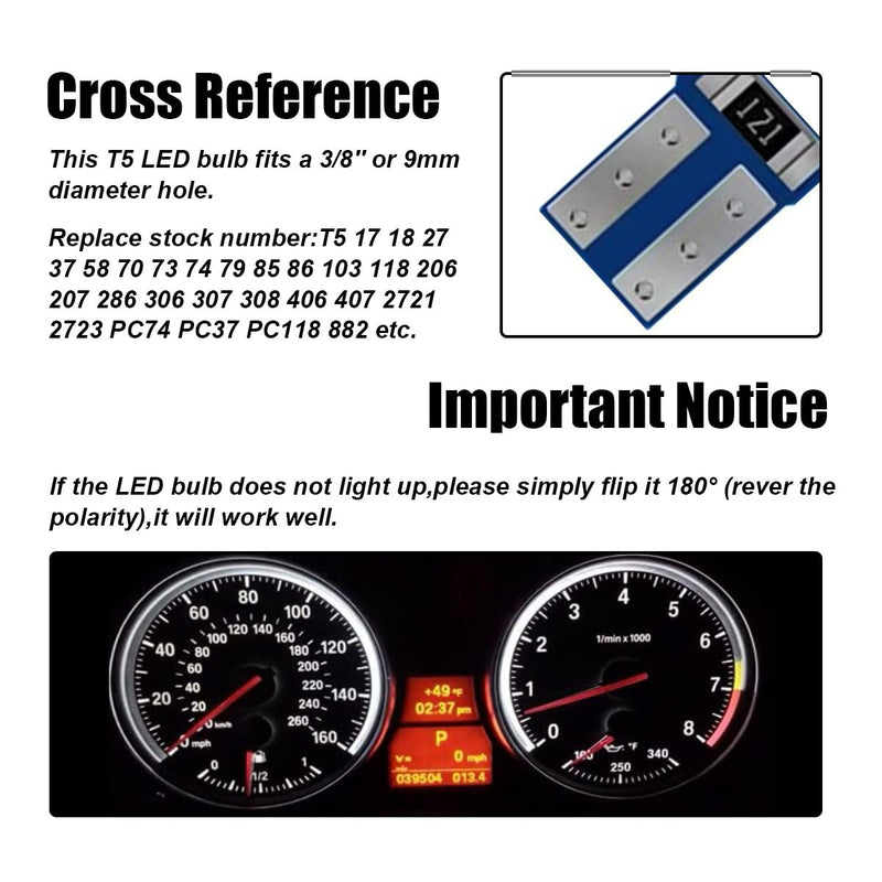 T5 LED Bulbs, 74 73 37 2721 LED Bulb 12 Volt Replacement, Bright Canbus Error Free, Compatible with Auto Car Gauge Cluster Dashboard Light Lamp Instrument Panel Indicator (White) White