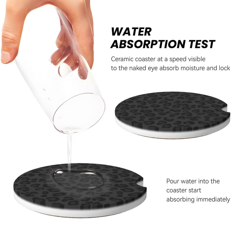 Car Coasters for Cup Holders, 2 Pack Absorbent Ceramics Anti Slip Universal 2.56 Inch Car Cup Coaster for Women Men, Car Interior Accessories - Black Leopard Cheetah Print 2.56 Inches
