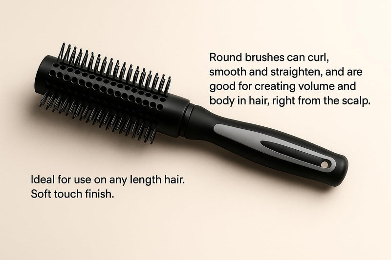 Round Hair Brush Paddle Brush Black Silver Handle Round 23.5Cm Quiff Roller