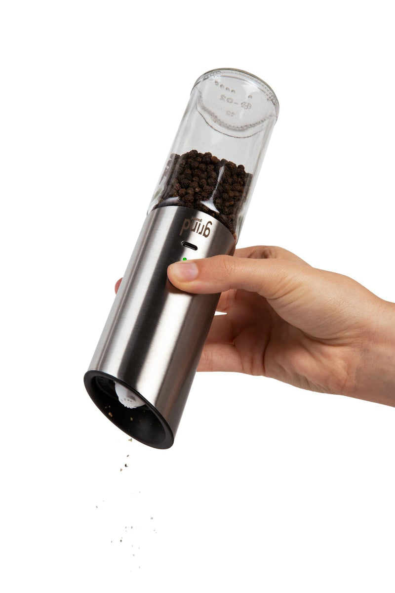 Grind Gourmet Automatic Electric Salt or Pepper Grinder Mill, USB Rechargeable, Adjustable Coarseness, One-Handed Operation, Stainless Steel