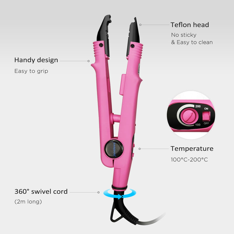 janelove Professional Hair Extensions Iron, Fusion Heat Connector, Pre Bonded Hair Extensions Iron Kit Tool, UK Plug, 210°F-390°F Temperature Adjust (Pink)