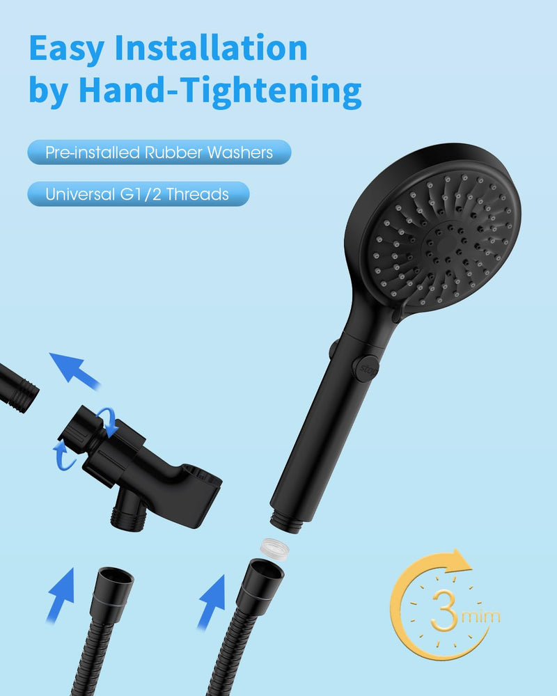 FASDUNT Shower Head with Handheld, High Pressure Handheld Shower Head with 80" Extra Long Stainless Steel Hose & Adjustable Bracket, Showerhead with ON/OFF Switch, Black 6 Spray-Settings Matte Black