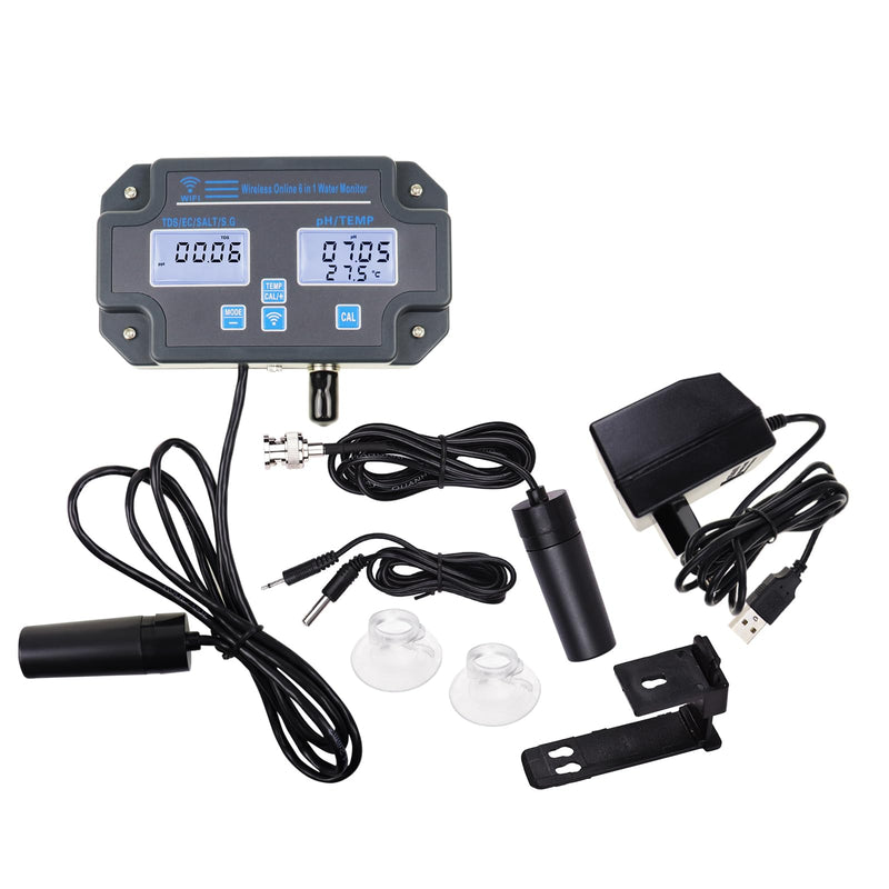 Water Quality Tester pH/EC/TDS/Salinity/SG/Temperature with Easy Calibration 24Hrs Online APP Monitoring for Fish Tank Aquariums Home Laboratory Smart Instrument 6 in 1 Digital pH Meter