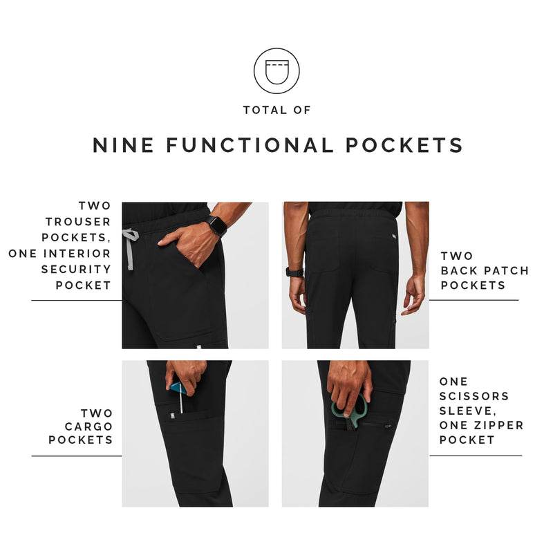 FIGS Cairo Cargo Scrub Pants for Men — Classic Straight Leg Fit, 9 Pockets, 4-Way Stretch, Anti-Wrinkle Regular Medium Black