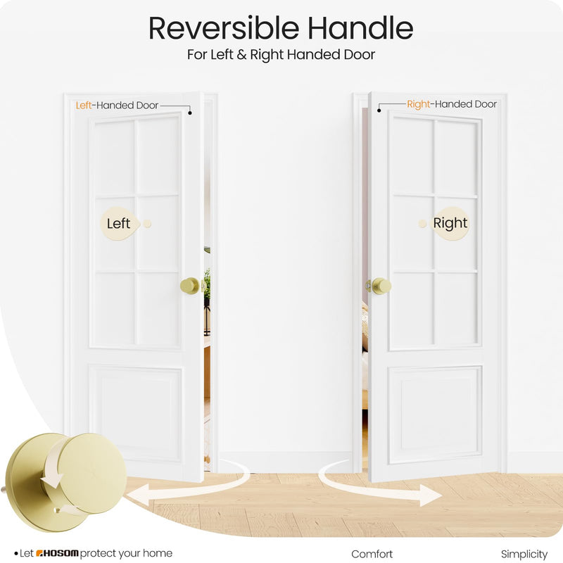 HOSOM Gold Door Knob, Privacy Door Knob, Bathroom Bedroom Door Knobs with Lock Exterior Interior Satin Brass Door Locks Heavy Duty Door Handle Keyless Doorknob with Round Ball,1 Pack