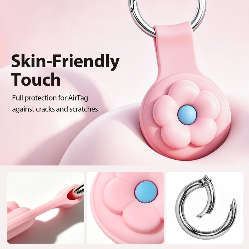 Linsaner Silicone Case Compatible with AirTag, Pink+Pink Flower | Cute 3D Cartoon, Shockproof, Keychain Cover, Kawaii, Tracker Holder, Key Ring, Kids Backpack, Purse, Keys E8-Pink+Pink Flower