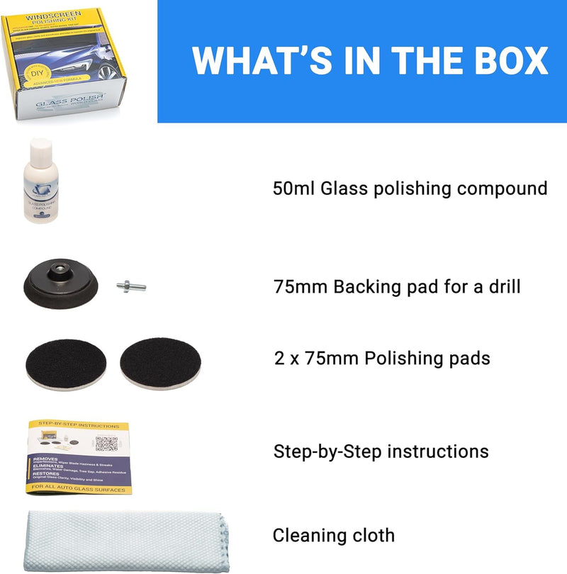 GLASS POLISH DIY 3” Windshield Polishing Kit for Car Glass Restoration, Remove Wiper Blade Damage, Fine Scratches, Haziness, and Water Spots, Restore Glass Clarity and Shine - GP21005 Glass Repair Kit