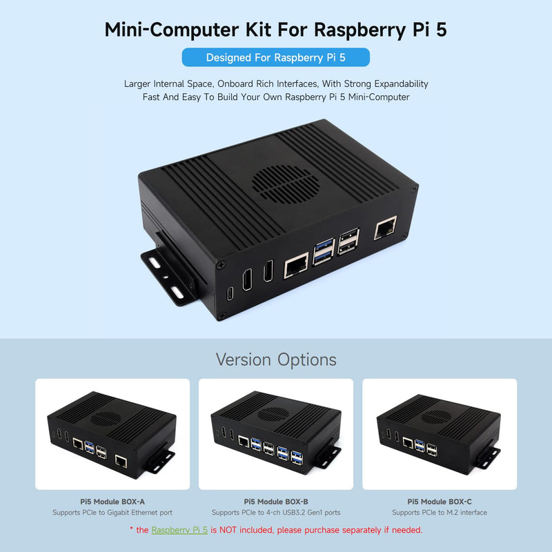 Waveshare Multi-Functional All-in-One Mini-Computer Kit, Compatible with Raspberry Pi 5, Aluminum Alloy Case, Comes with PCIe to 4-ch USB 3.2 Gen1 Adapter
