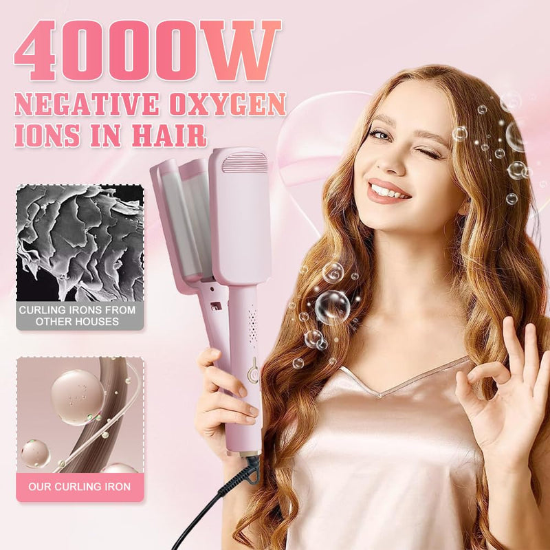 French Wave Curling Iron 32mm - Mermaid Hair Styler With 4 Gears Temperature, Fast Heating Curler for Long Short Hair, Pink