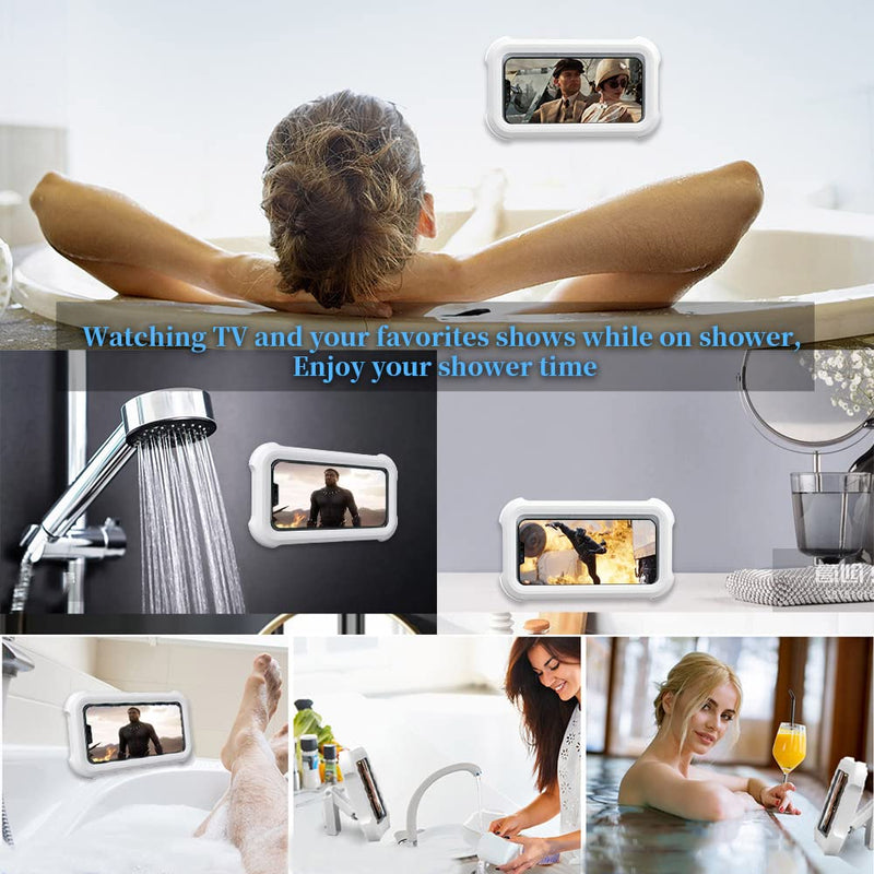 Upgraded 480° Rotating Shower Phone Holder Waterproof Case with Touch Screen,OOLYICO Shower Accessories Guardian Buddy Holder Wall Mount Shelf in Bathroom Bathtub for 4" - 7" Cell Phone White