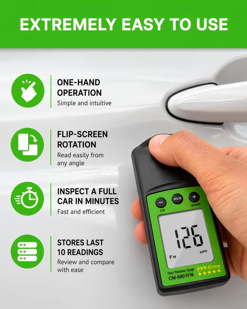 Paint Thickness Gauge CM-8801FN for Cars – Digital Coating Thickness Meter, Auto Fe/NFe Detection, 1 μm Resolution, 0–1250 μm (0–49 mils), ±(3%+2 μm) Accuracy, Automotive Inspection Tool