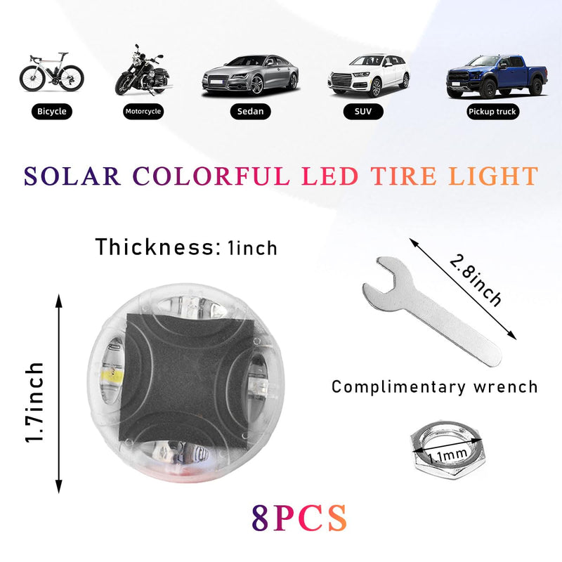 8 PCS Car Tire Wheel Lights, Colorful Solar LED Tire Valve Cap Lamp with Motion Sensor, Waterproof Flash Valve Stem Caps Lights for Cars, Truck, Bicycles, Motorcycles (8 PCS) 8 PCS