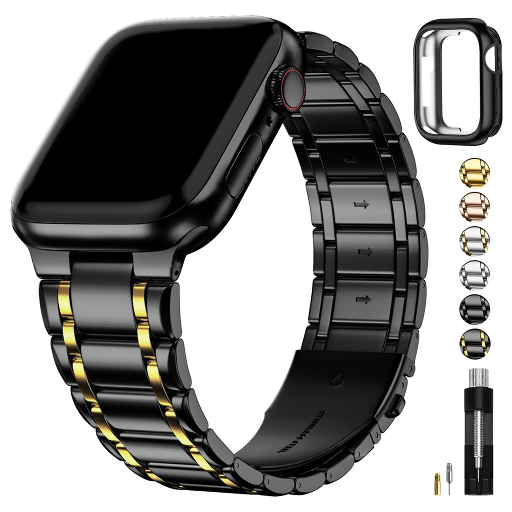 Fullmosa Compatible Metal Apple Watch Bands 41mm 40mm 38mm 49mm 45mm 44mm 42mm, Stainless Steel iWatch Band with Case for Apple Watch Series Ultra 9 8 7 6 5 4 3 2 1 SE,38mm 40mm 41mm Black and Gold 38mm/40mm/41mm