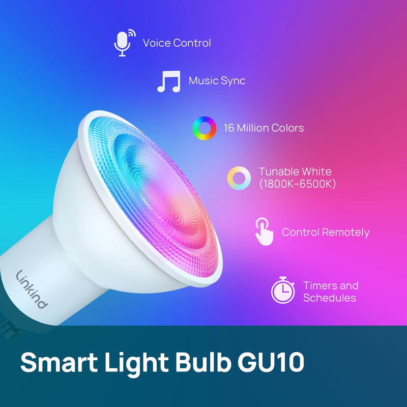 Linkind Matter GU10 Smart Light Bulbs, 40W 470LM Color Changing GU10 LED Bulbs, Works with Alexa/Apple Home/Google Home, Tunable White(1800K-6500K), Music Sync & Light Shows, 2Pack 2 Pack