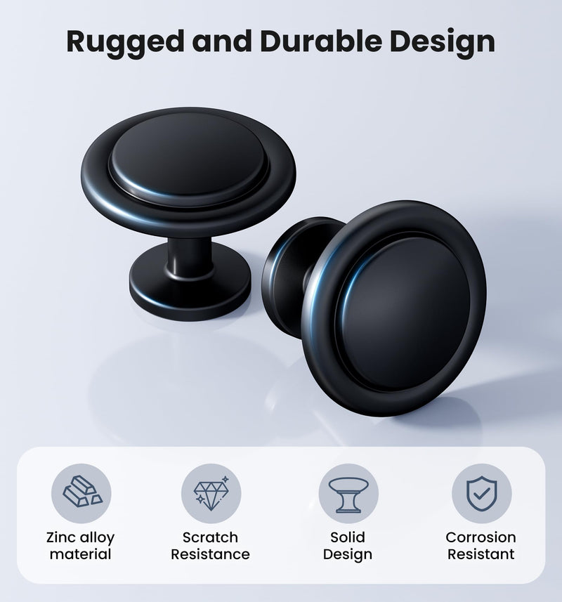 Veise 20 Pack 1-1/4 Inch Matte Black Solid Zinc Alloy Euro Style Cabinet Knobs, Single Hole Round Drawer Pulls for Kitchen Dresser Bathroom Vanity and Various Furniture
