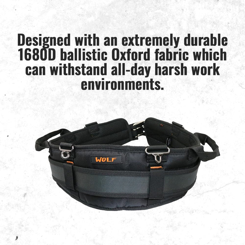 WOLF WTH2110 Heavy-Duty Ballistic Padded Tool Work Belt | Compatible w/Pouches, Holsters & 4-Point Suspenders | Body Waist Comfort Lightweight Breathable | Contractors Handyman | Tongue Buckle Large