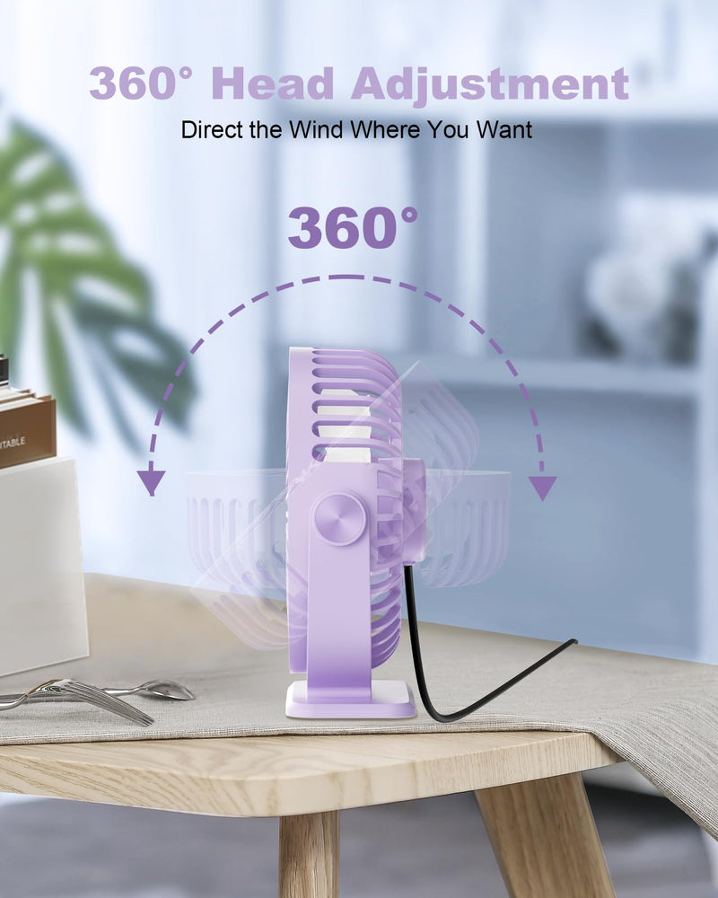 TriPole Desk Fan USB Powered Small Portable Fan, 3 Speeds Adjustable Strong Breeze Mini Personal Fan, 360° Rotation Quiet Plug In USB Fan for Desktop Bedroom Office Table Travel, Purple, 4.9ft Cable