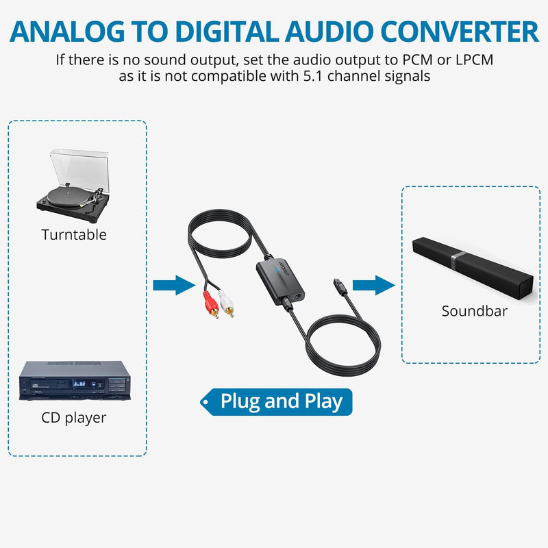 AUTOUTLET RCA to Optical Converter - 48Khz, Analog to Digital Audio Converter with Built-in 1.1m RCA Male Cable for Record Player, Turntable, CD Players