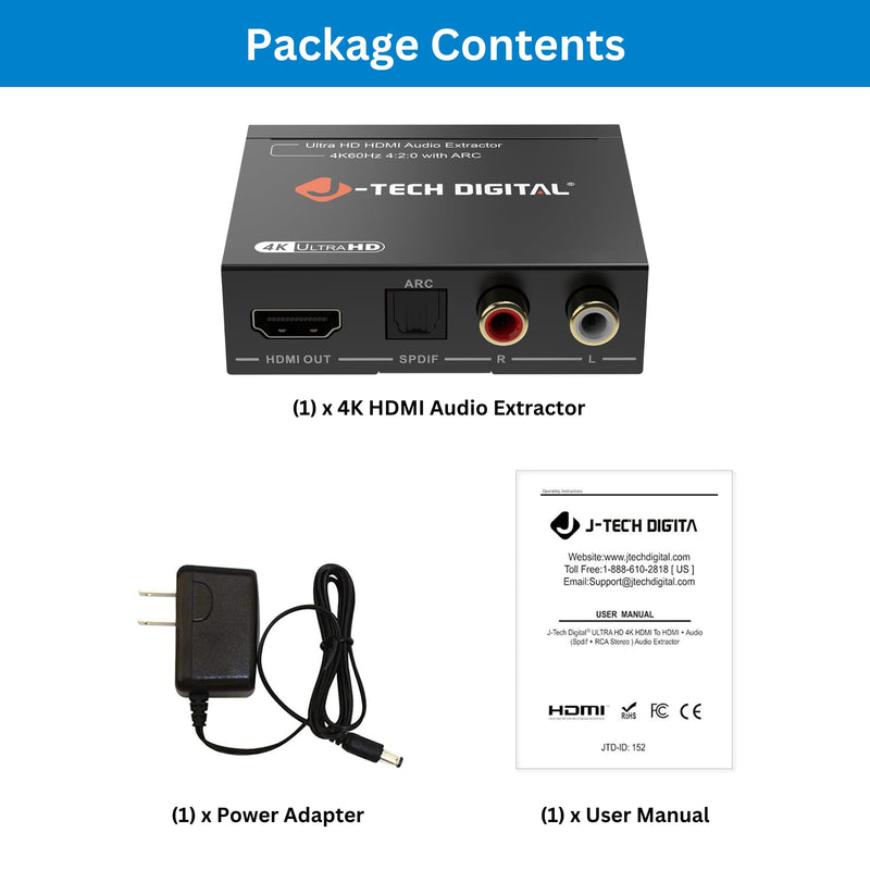 J-Tech Digital HDMI Audio Extractor 4K 60Hz HDMI to Optical SPDIF + RCA, Supports HDMI ARC Dolby Digital DTS CEC HDCP 1.4 [JTD4KATSW]