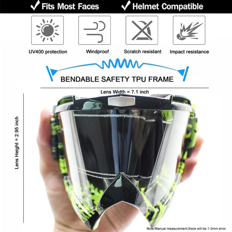 SPOSUNE Dirt Bike ATV Goggles UV400 Motorcycle Goggles for Men Women Youth Motocross Riding Goggles Windproof Dustproof Black Green&clear Lens