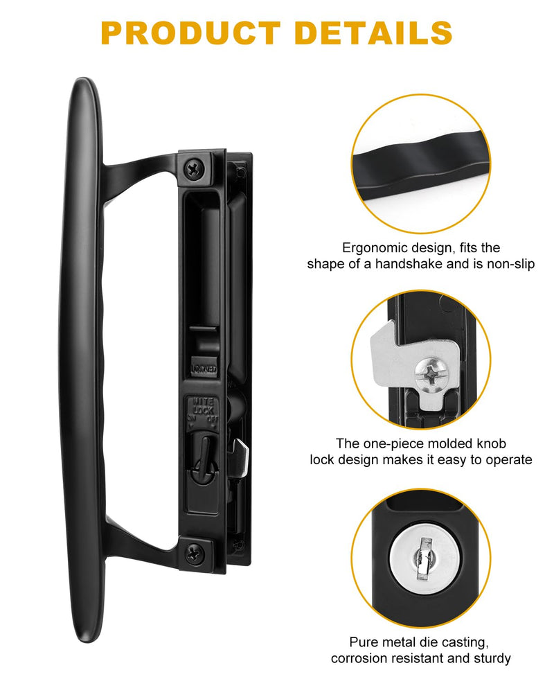 Patio Glass Door Replacement Handle Set with Lock, 6-5/8" H.C., Fits 1" to 1-1/8" Sliding Thick Doors, Keyed Black Diecast Reversible Design Keys