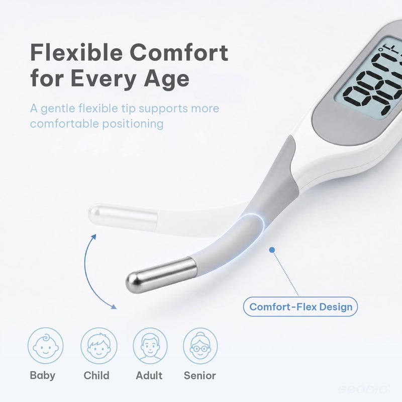 Backlit Digital Thermometer for Adults & Kids, Fast 10-Second Reading, Flexible Tip, Large 1.4 Inch Display, Waterproof, Fever Alarm, White