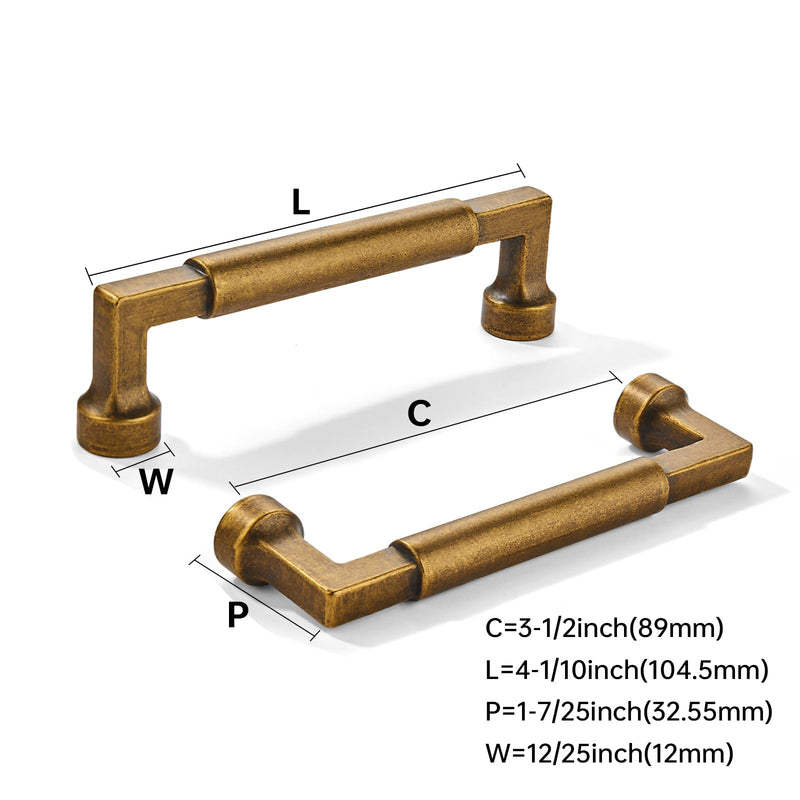 khtumeware 10-Pack 3-1/2Inch(89mm) Antique Brass Cabinet Pulls,Vintage Brass Solid Handles for Kitchen Cabinets, Cupboards, Drawers and Bathroom Hardware 3-1/2"(89mm) Hole Center