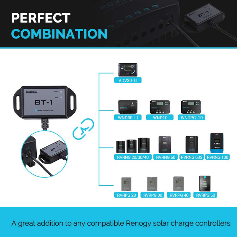 Renogy Bluetooth Module RJ12 Communication Port Compatible Rover/Wanderer/Adventurer Charge Controllers, BT-1 RS232,Black Bluetooth Module RS232
