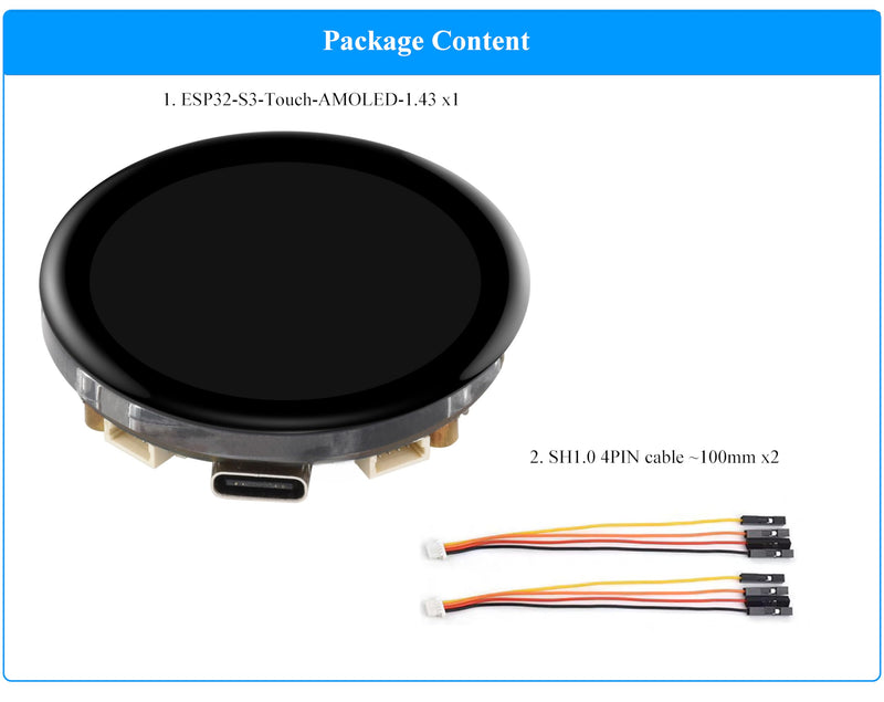 ESP32-S3 1.43inch AMOLED Touch Display Development Board, 466x466 QSPI Interface AMOLED Round LCD, Onboard Accelerometer and Gyroscope Sensor R T C Chip, ESP32 with Display, Multiple Interfaces