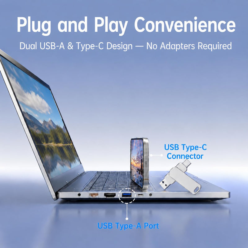 USB C Flash Drive 256GB, 2-in-1 Dual OTG Thumb Drive Memory Stick 256G, Silver Swivel Metal Jump Drive 256 GB Compatible with Type-C Smartphones, Tablets, Laptops