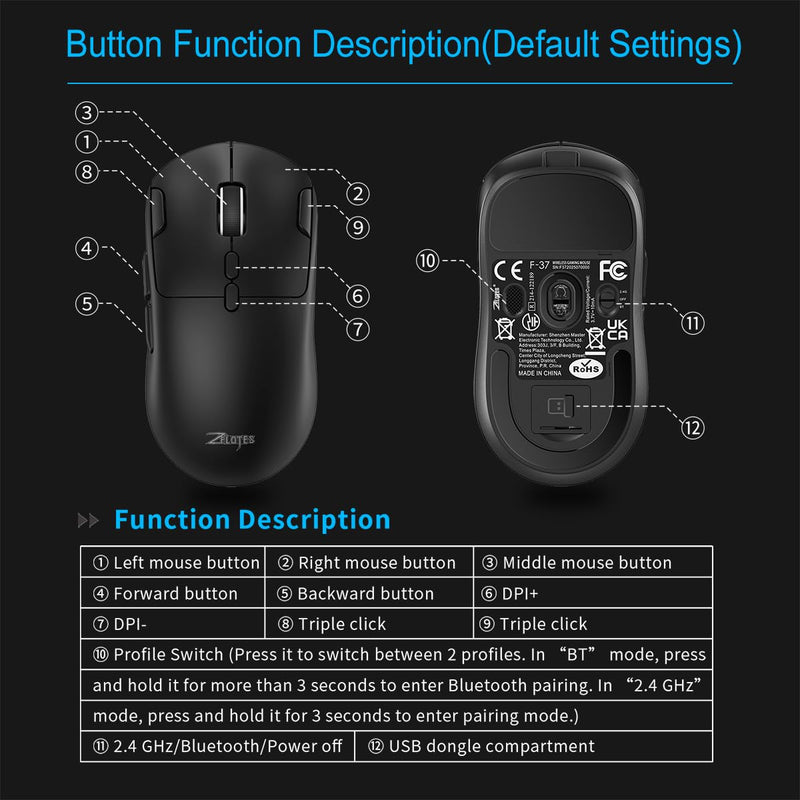 zelotes Gaming Wireless Mouse, Bluetooth Rechargeable with 9 Programmable Buttons,Ultra-Light 60g, 24,000 DPI, BT/USB 2.4G / Type-C, Ergonomic Optical Mouse for Laptop, PC,Office and Gamers (Black) Black