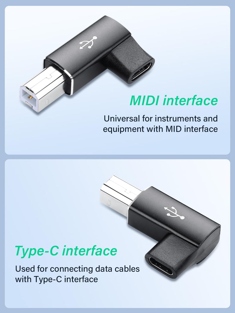 90 Degree USB C Female to USB B Male MIDI Converter,Support Data Sync Compatible with Printer, Scanner, Electric Piano, MIDI Keyboard (2-Pack)