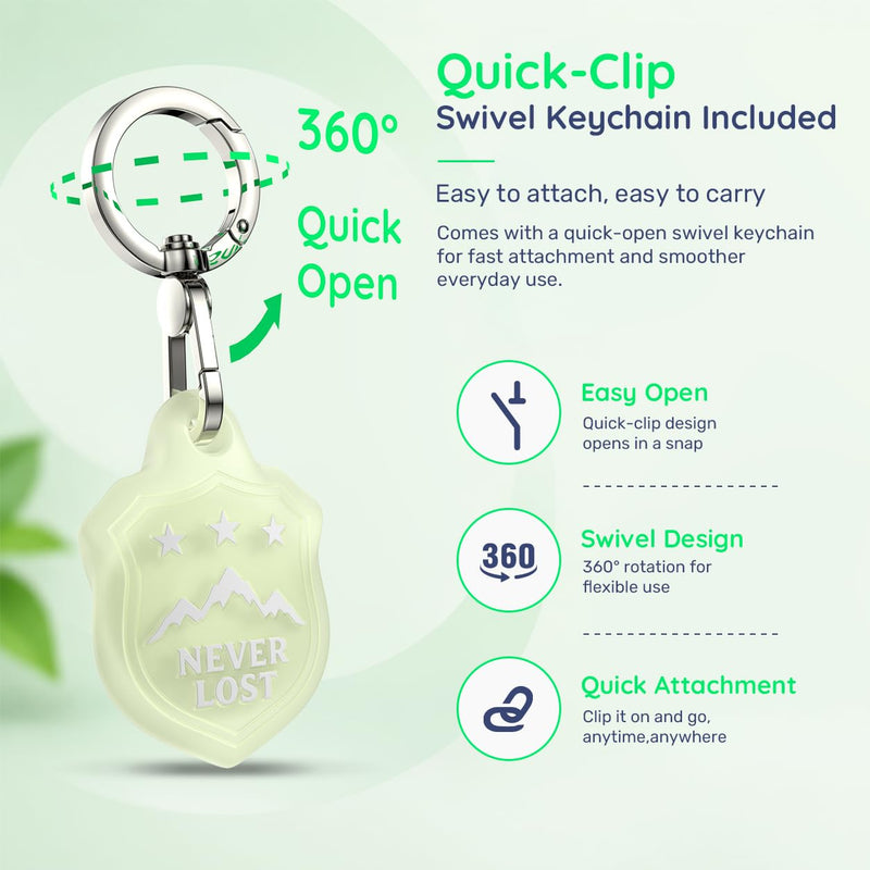 AirTag Holder Keychain, Waterproof AirTag Case with Swivel Key Ring | Compatible with Apple AirTag; stylish embossed silicone Air Tag holder keeps your AirTag secure on keys, bags and luggage Glow-in-the-Dark Green-M Mountain