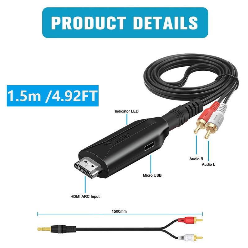 (1.5m /4.92FT) HDMI ARC Audio Extractor Converter,192KHz ARC Audio Extractor DAC,Digital to Analog Audio Converter,from HDTV HDMI ARC to L/R 3.5mm Jack Audio System Soundbar for TV (ARC Input)