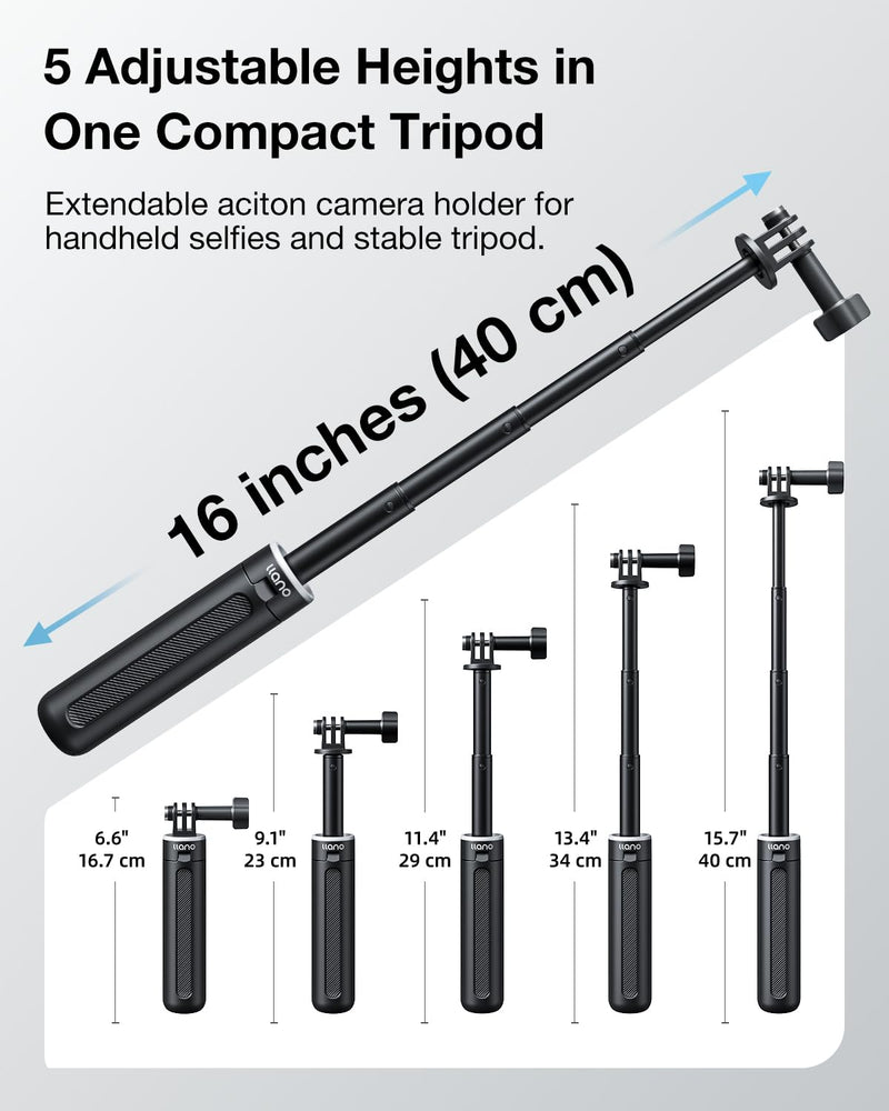 Llano 16" Action Camera Tripod for Gopro Hero 13/12/11/10/9/8, Max 2/1, Extendable Mini Tripod, Standard Mount for Gopro, Portable Handle Grip, Small Selfie Stick, Lightweight, Black For Gopro Hero 8-13,Max