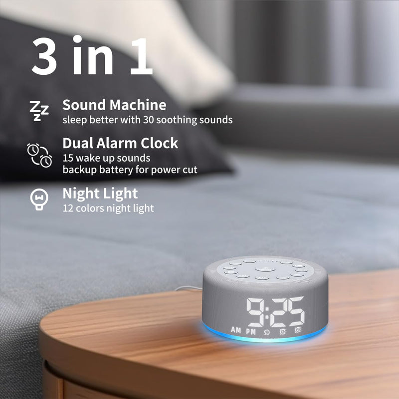 Plug-in Sound White Noise Machine Brown Noise Machine & Alarm Clock with Rechargeable Backup Battery Night Light Dual Alarms 30 Sleeping Sounds for Baby Kids Adults 5 Timers 15 Wake Up Sounds & Memory Grey F4