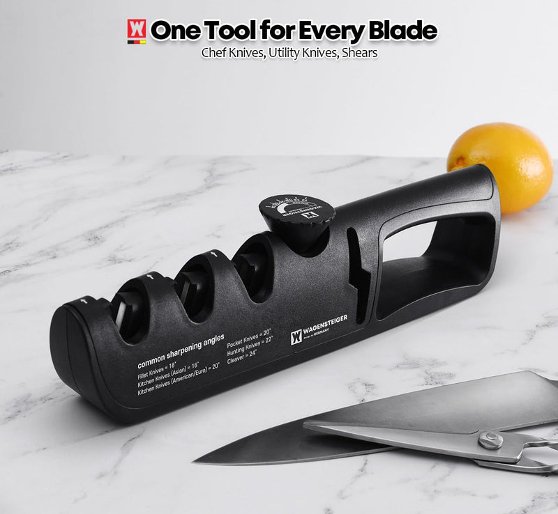 Handheld Knife & Scissors Sharpener with Adjustable Sharpening Angle Controller, Sharpens Kitchen Knives & Pocket Knife, Non-Slip Bottom Pad (Tungsten + Emery + Ceramic + Scissors Slot)