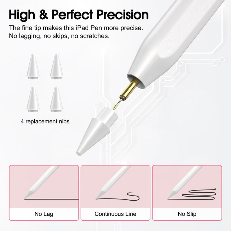 Stylus Pen for iPad,Palm Rejection Tilt Sensitivity Fast Charging Pencil Only Work for 2018 Or Later iPad 10/9/8/7/6th Gen,Pro 12.9&11",Mini 6/5,Air 5th/4th/3rd Gen,4 Replacement Nibs (Pink-White) Pink-White