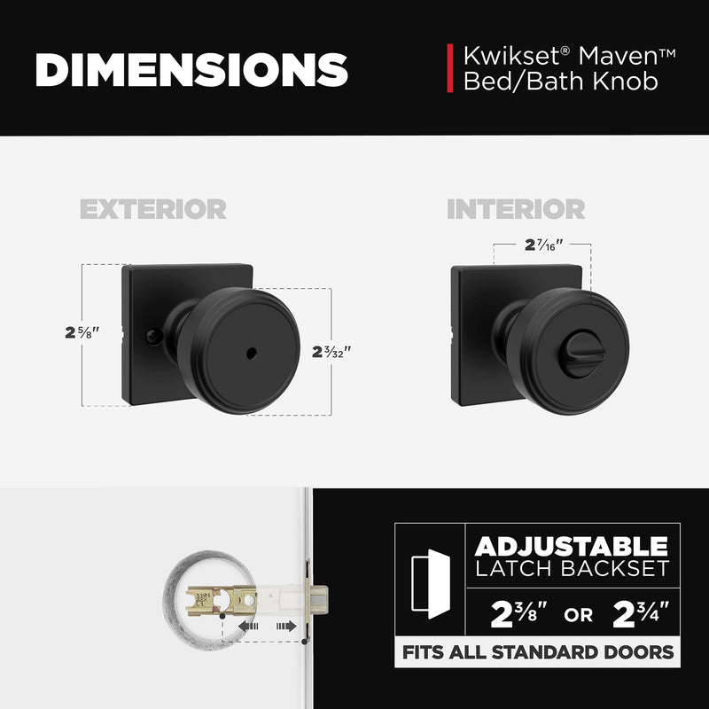 Kwikset Maven Interior Privacy Door Knob with Lock, Square Door Handle for Bathroom and Bedroom, Matte Black Keyless Turn Lock Doorknob, with Microban Protection 1 Pack