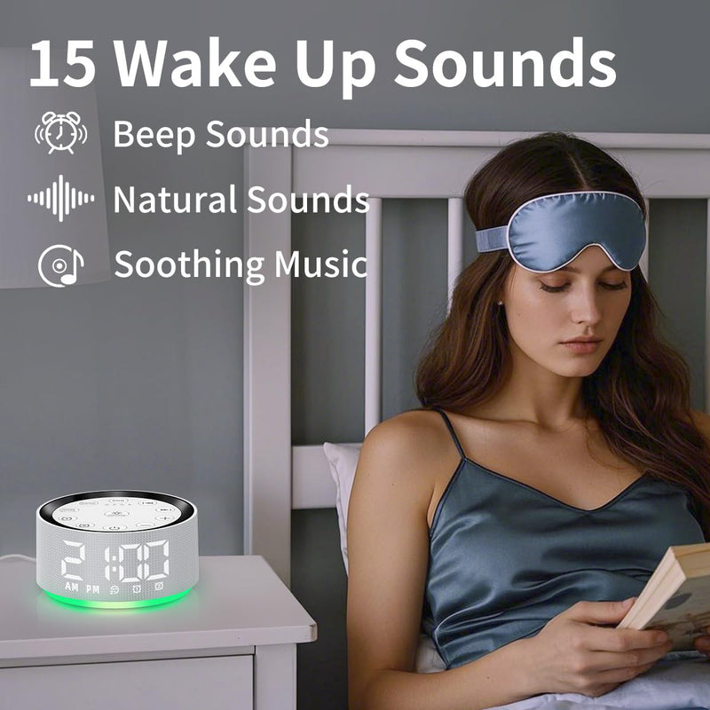 Alarm Clock Sound Machine White Brown Noise Machine with 30 Sleeping Sounds for Baby Kids Adults Night Light Bedroom 2 Alarms Backup Battery 32-Level Vol 15 Wake up Sounds for Mild Heavy Sleeper Grey