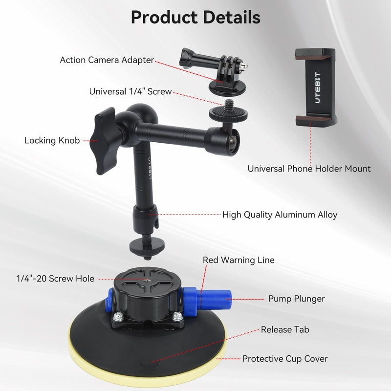 UTEBIT 6"/15.2cm Metal Camera Suction Cup Mount with 9" Magic Arm & Phone Holder for Camera/Action Camera/Phone Holder