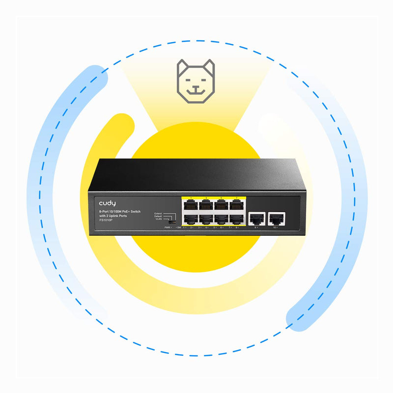 Cudy 8 Port PoE+ Switch with 2 Uplink Ports 120W, 8 10/100Mbps PoE+@120W, Extend/VLAN Mode, 802.3af, 802.3at Standard, Fanless, Watchdog, Plug and Play FS1010P