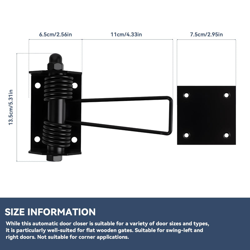 Heavy Duty Flat Gate Closer, Powder Coated, Self Closing Adjustable Gate Closer for Wood and Vinyl Gates, Works Great for Yard, Pool and Dog Gates, Outdoor Gate Spring