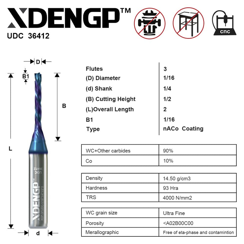 3 Flute Up&Down Cut Compression Spiral Router Bit for CNC, 1/16" Cutting Diameter, 1/2" Cutting Length 1/4" Shank with NACO Coated Carbide End Mill for Wood Carving Engraving Grinding Grooving Compression Cut 3 Flute - 1/16" Cutting Diameter
