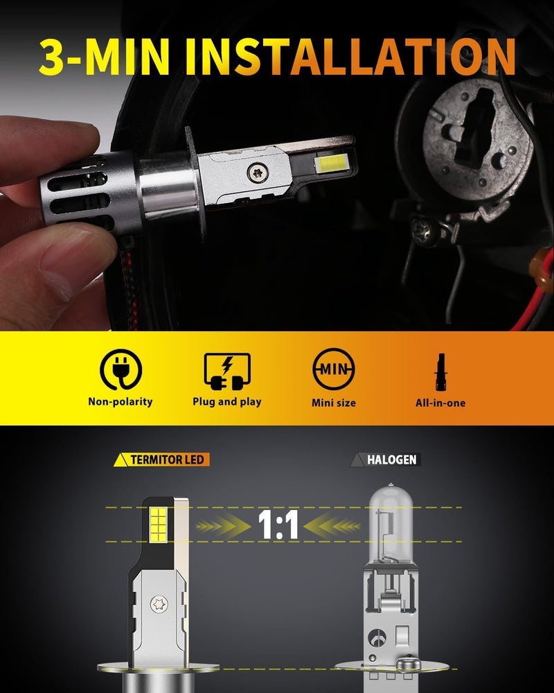 Upgraded H1 Light Bulbs, 900% Brightness with 16 CSP Chips, Real 1:1 Halogen Size, 6500K White, Canbus Ready Off Road Light Bulbs Assembly, Pack of 2 H1/H1LL